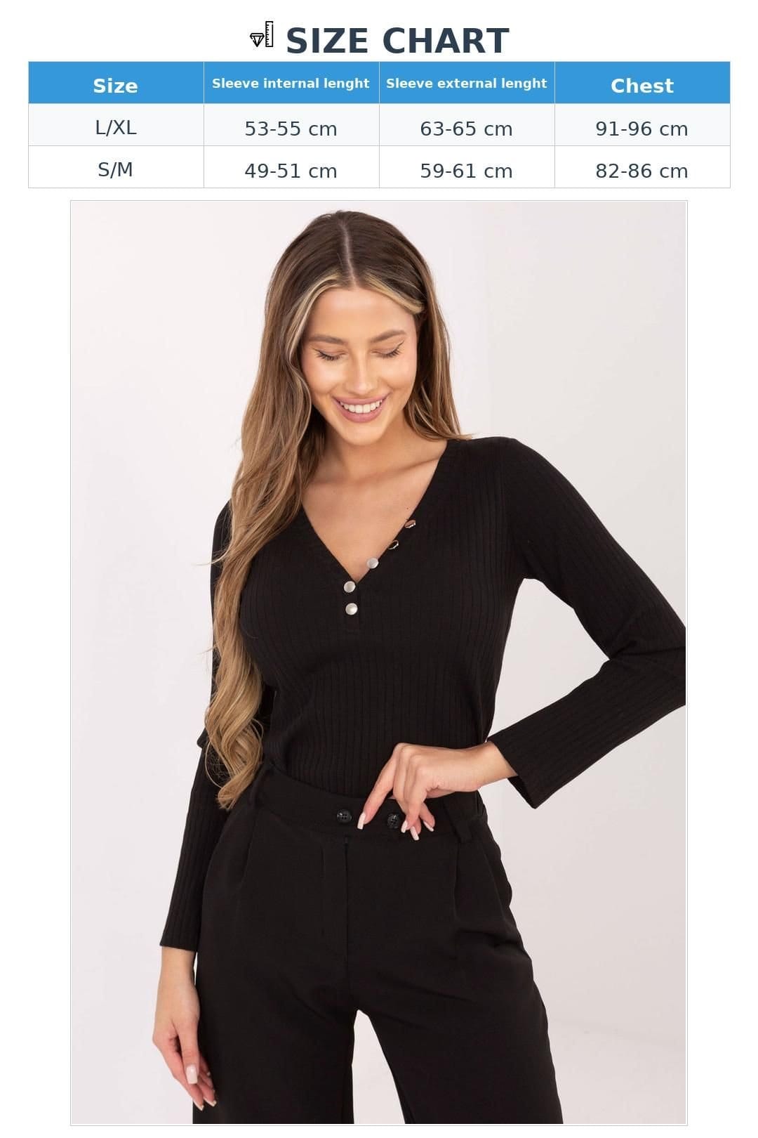 Love Lace Love Lace Women's Ribbed Cotton V Neck Blouse with Buttons in Black - 4