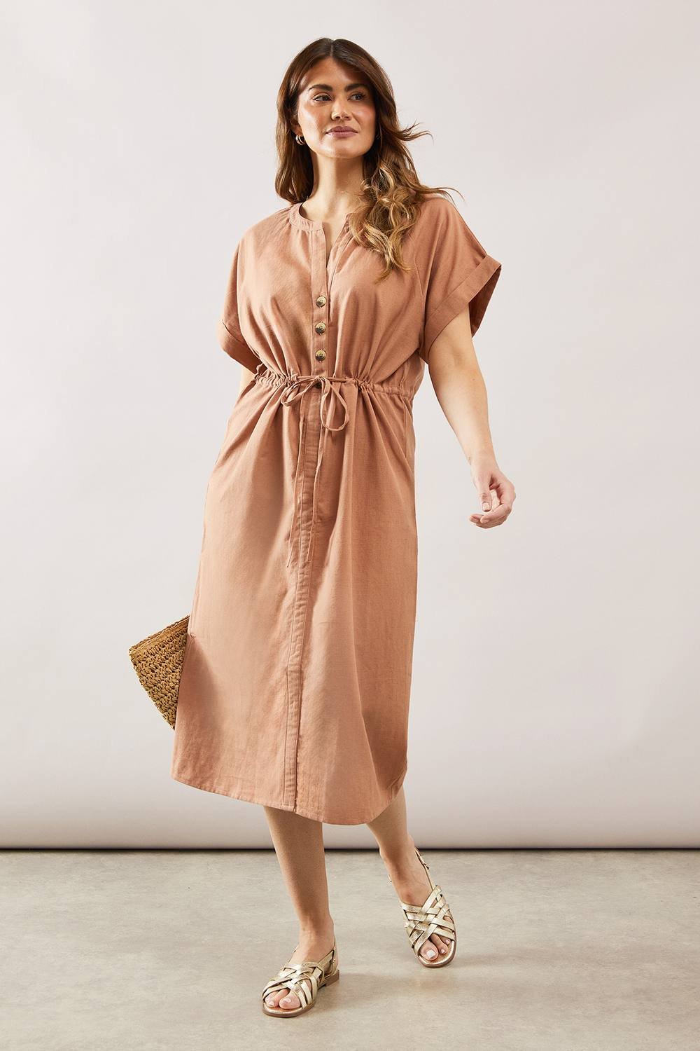 Wallis Wallis Women's Linen Mix Button Drawstring Midi Dress in Mocha - 2