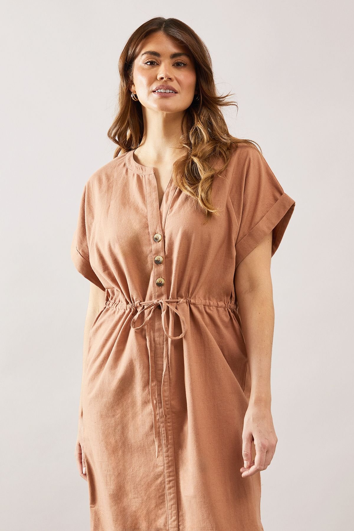 Wallis Wallis Women's Linen Mix Button Drawstring Midi Dress in Mocha - 3