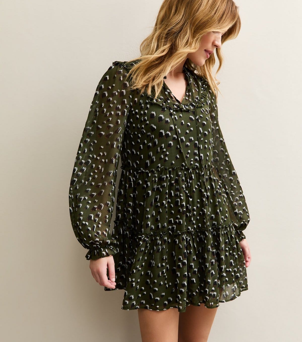 New Look Dark Green Chiffon Abstract Mini Dress