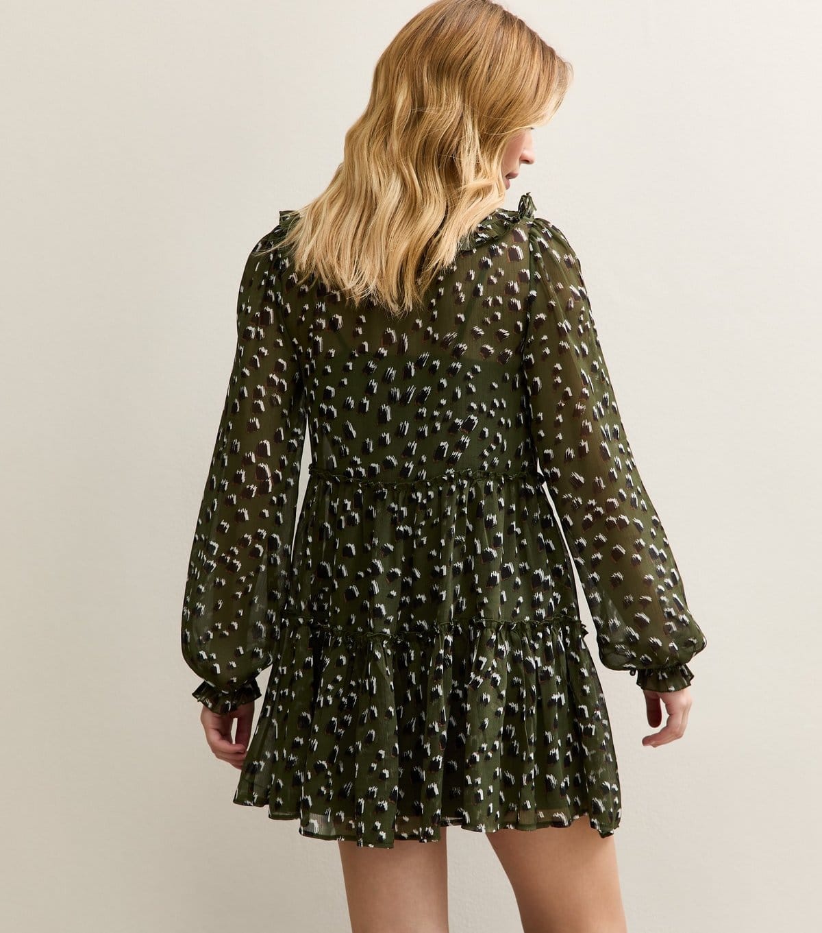 New Look Women's Dark Green Chiffon Ruffle Abstract Pattern Mini Dress New Look - 4