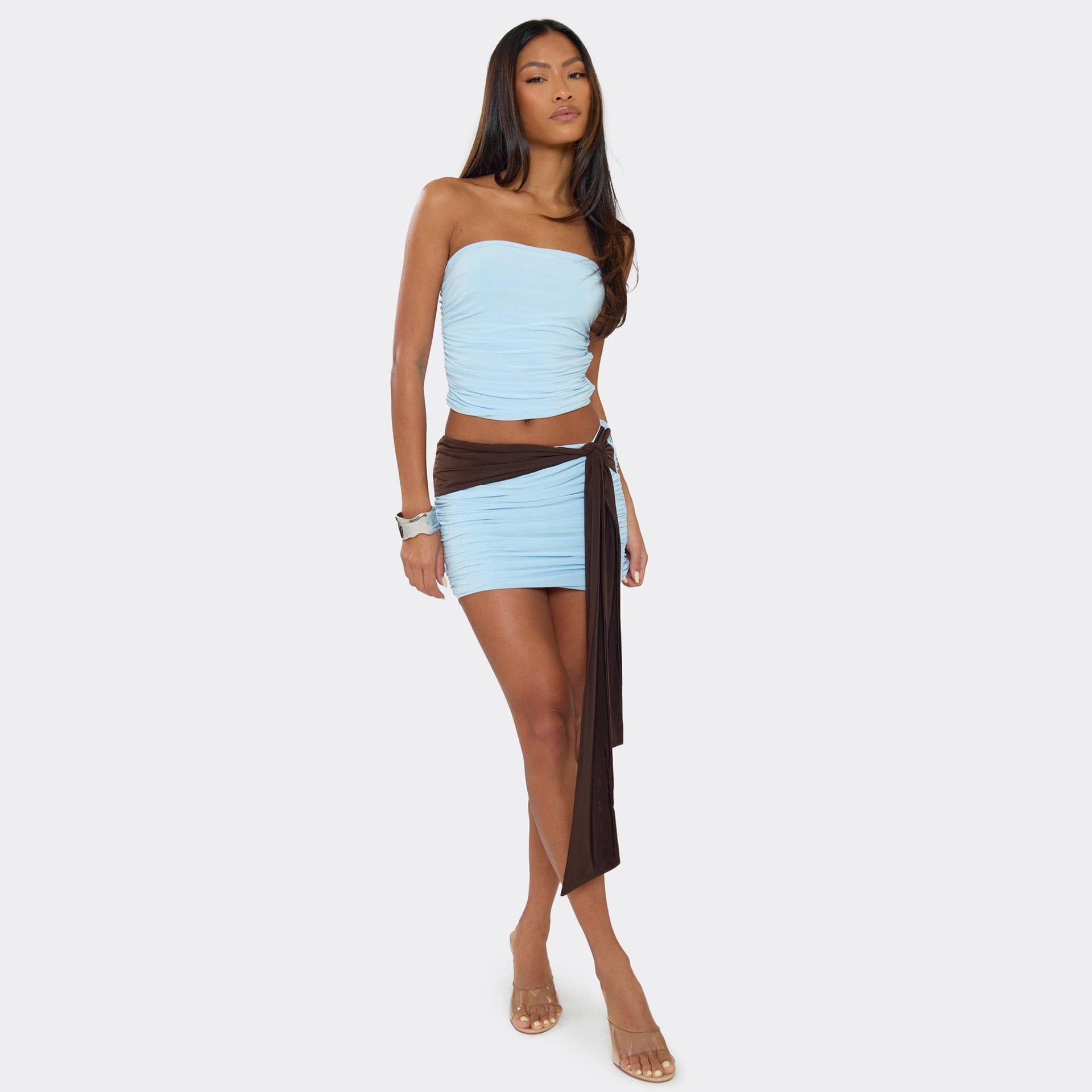 EGO Low Waist Contrast Drape Detail Ruched Mini Skirt In Baby Blue Slinky, Women's Size UK 6