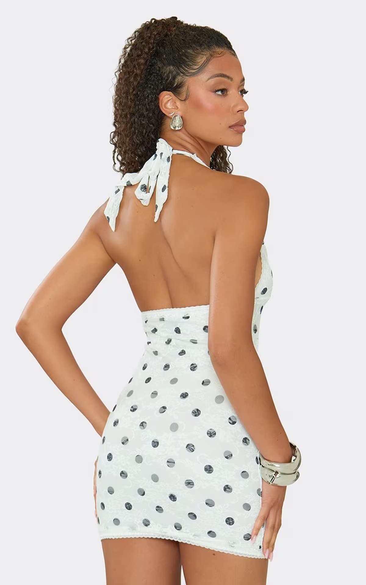 EGO Halterneck Lace Trim Mini Dress In White Polka Dot, Women's Size UK 6