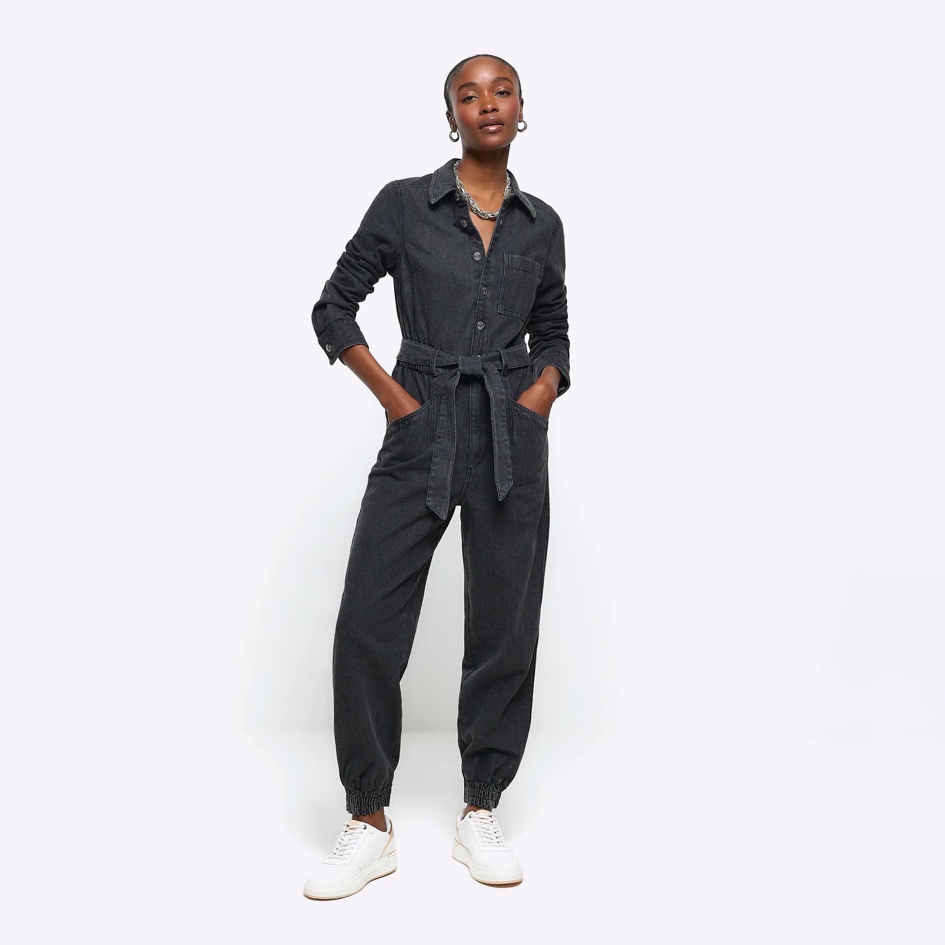 River Island River Island Womens Black Belted Denim Jumpsuit