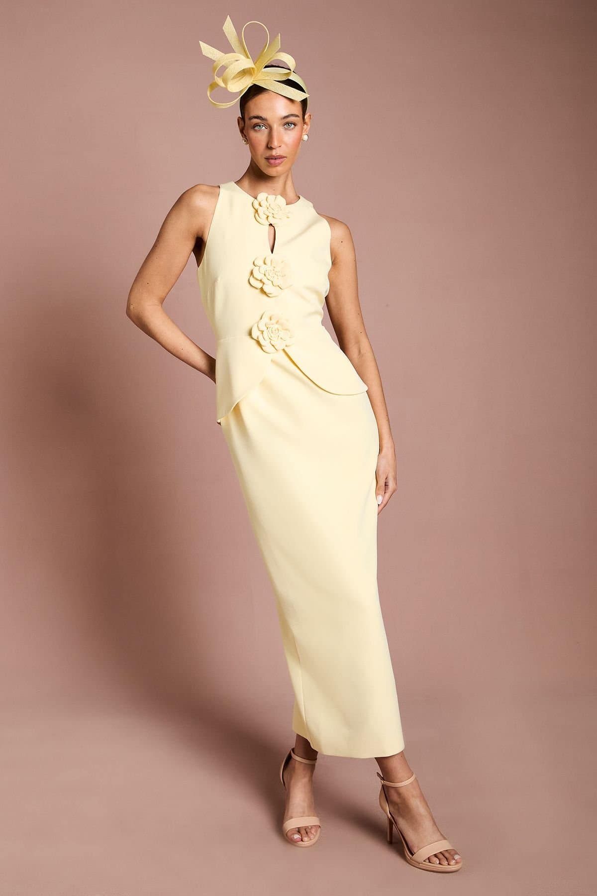 Coast Coast Women's Lisa Tan Crepe Rosette Detail Peplum Pencil Dress in Lemon