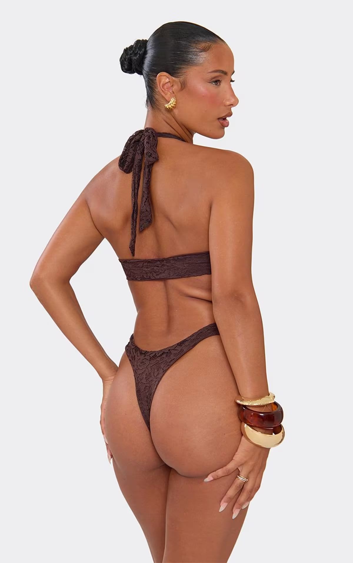 EGO Chocolate Brown Lace Halterneck Swimsuit, Women's Size UK 6