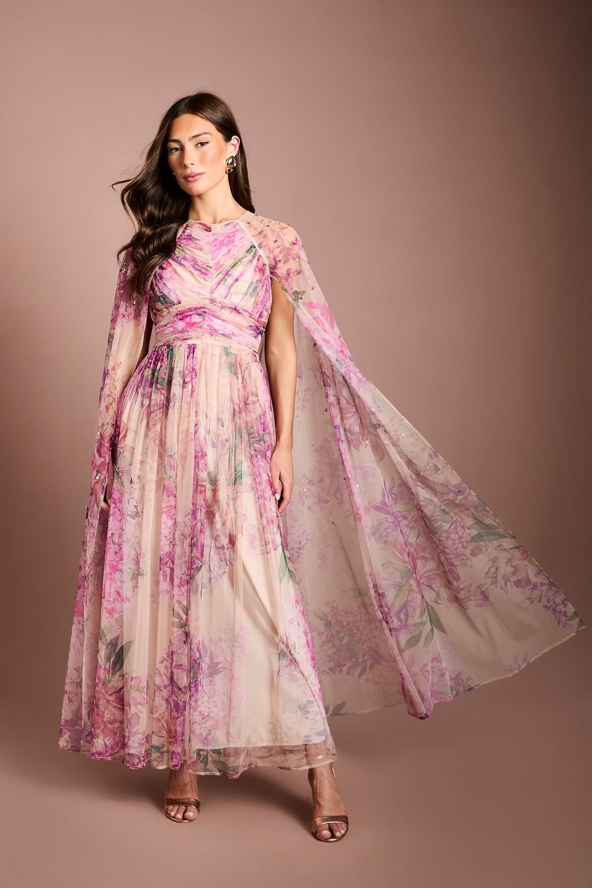 Coast Coast Women's Petite Pleated Mesh Printed Cape Maxi dress With Gemstone in Pink