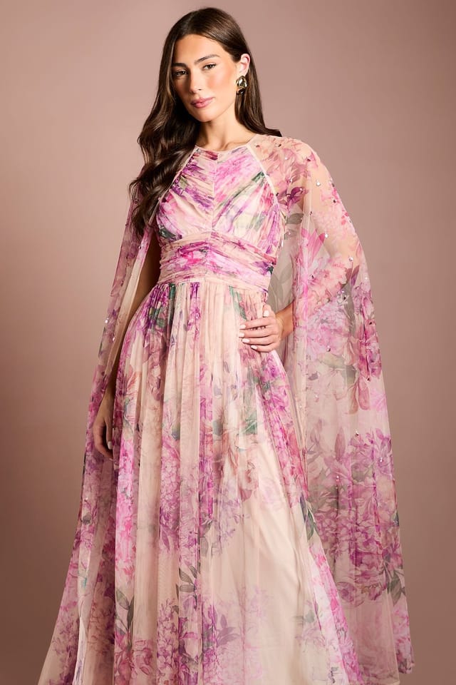 Coast Coast Women's Petite Pleated Mesh Printed Cape Maxi dress With Gemstone in Pink - 2
