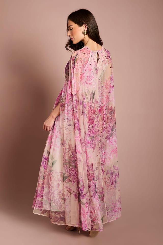Coast Coast Women's Petite Pleated Mesh Printed Cape Maxi dress With Gemstone in Pink - 3