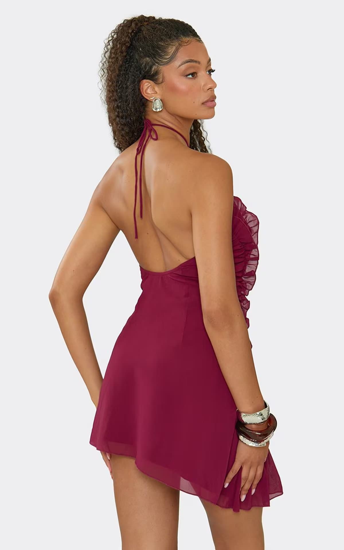 EGO Halterneck Ruffle Detail Mini Dress In Burgundy., Women's Size UK 6