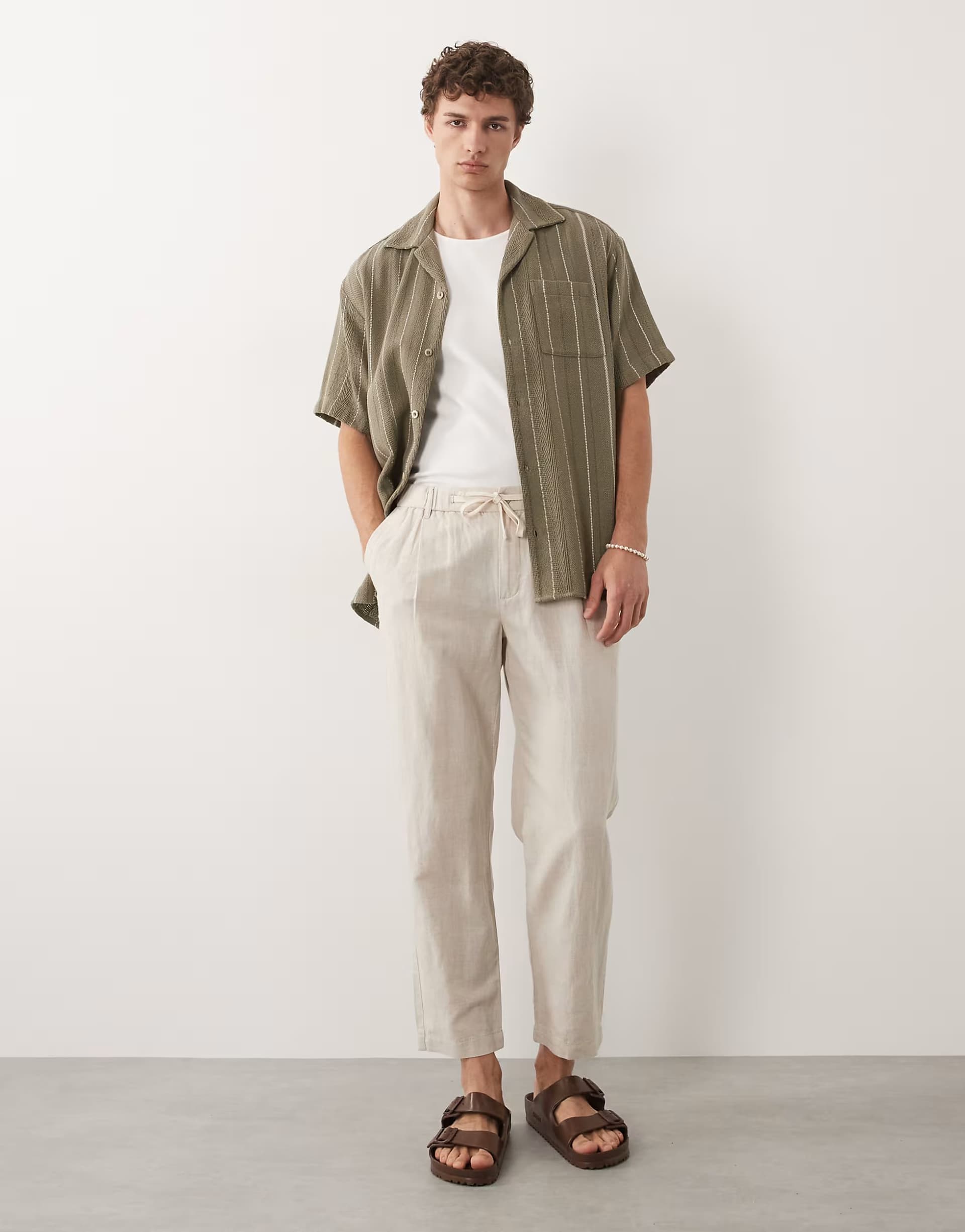 ASOS Mango linen mix relaxed fit elasticated draw string waist trousers in ecru