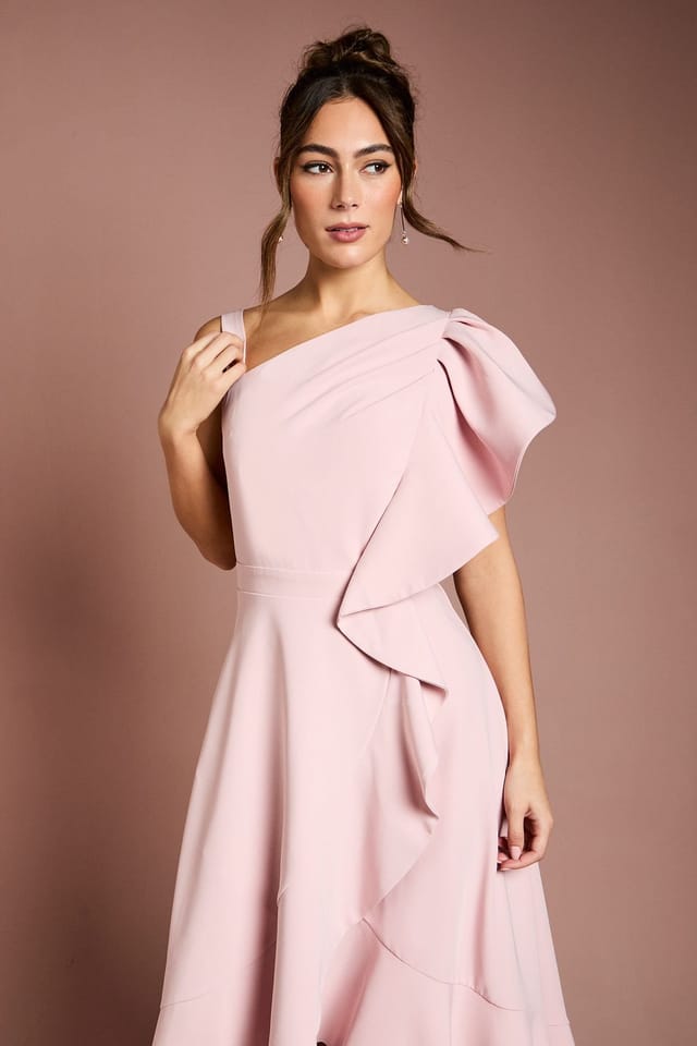 Coast Coast Women's One Shoulder Crepe Ruffle Midi Dress in Blush - 2