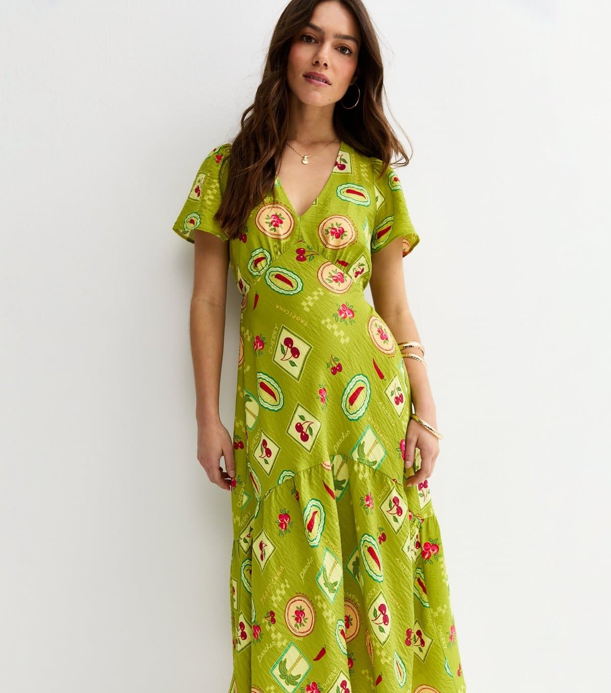 New Look Women's Petite Green Fruit Print Tier Midi dress New Look