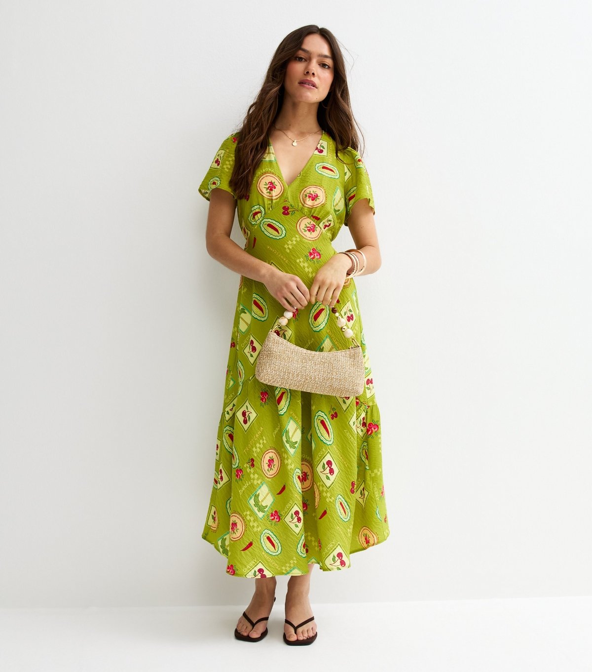 New Look Women's Petite Green Fruit Print Tier Midi dress New Look - 3