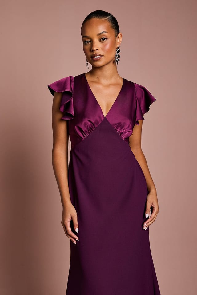 Coast Coast Women's Honoured Petite V Neck Angel Short Sleeve Satin Maxi Bridesmaid Dress in Fig - 2