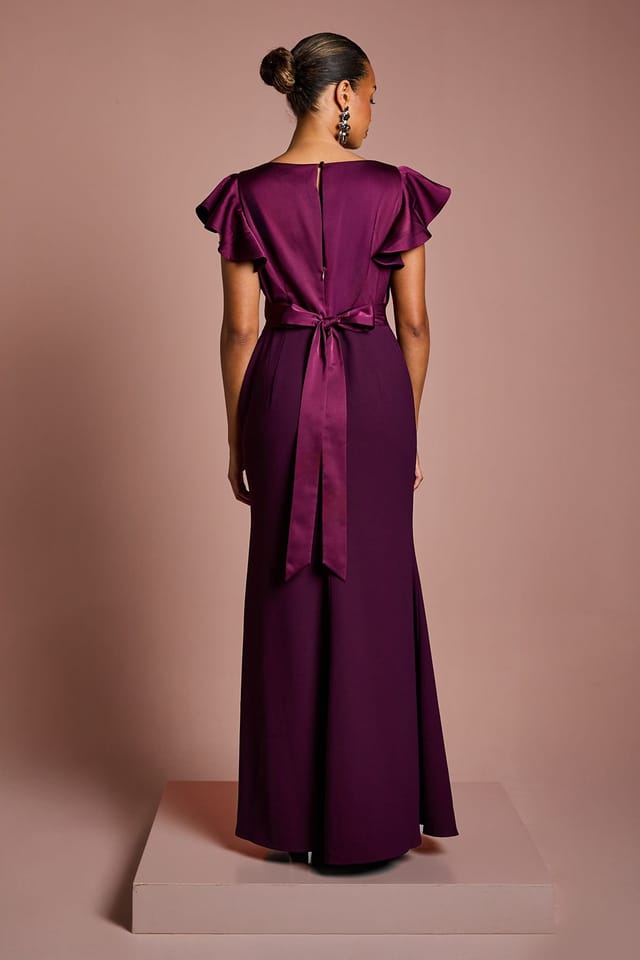 Coast Coast Women's Honoured Petite V Neck Angel Short Sleeve Satin Maxi Bridesmaid Dress in Fig - 3