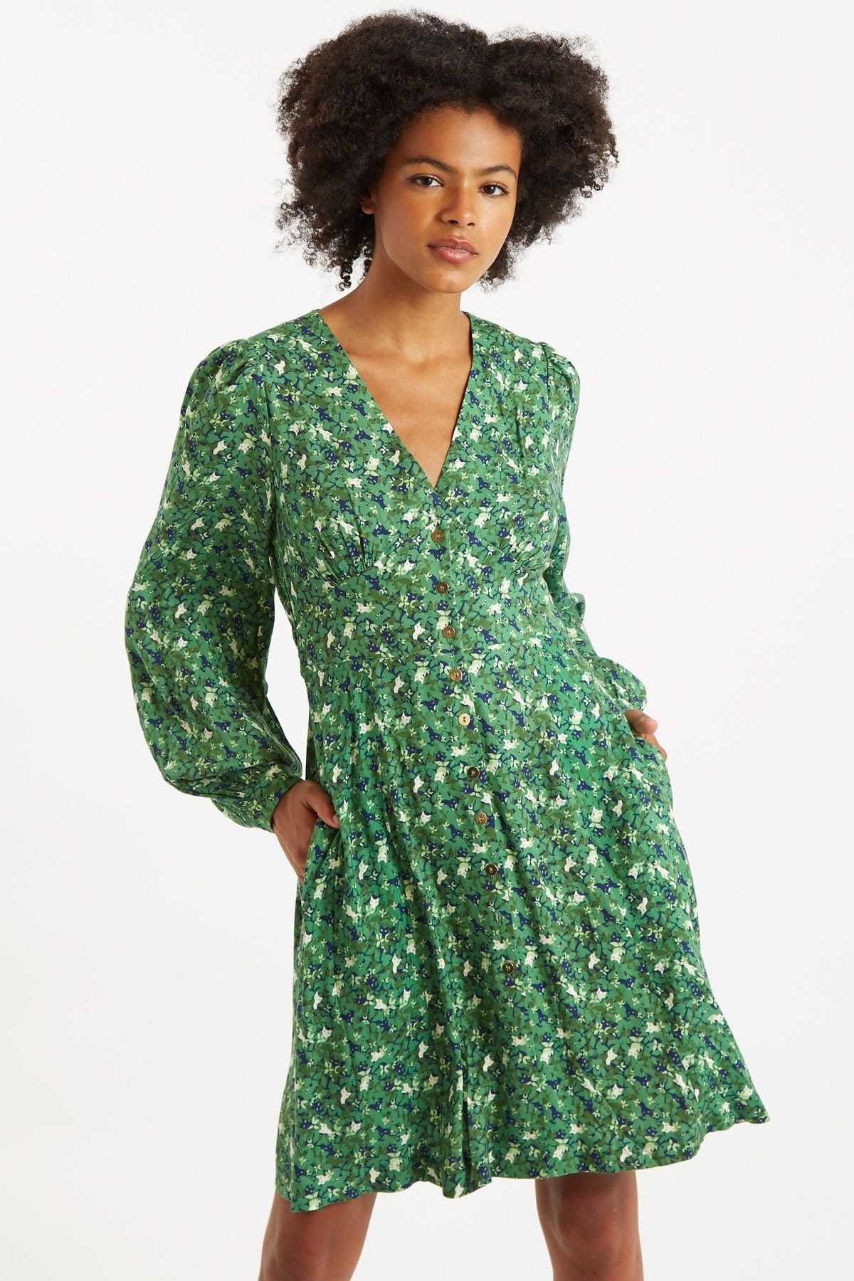 Louche Green Floral Mini Dress with Puff Sleeves