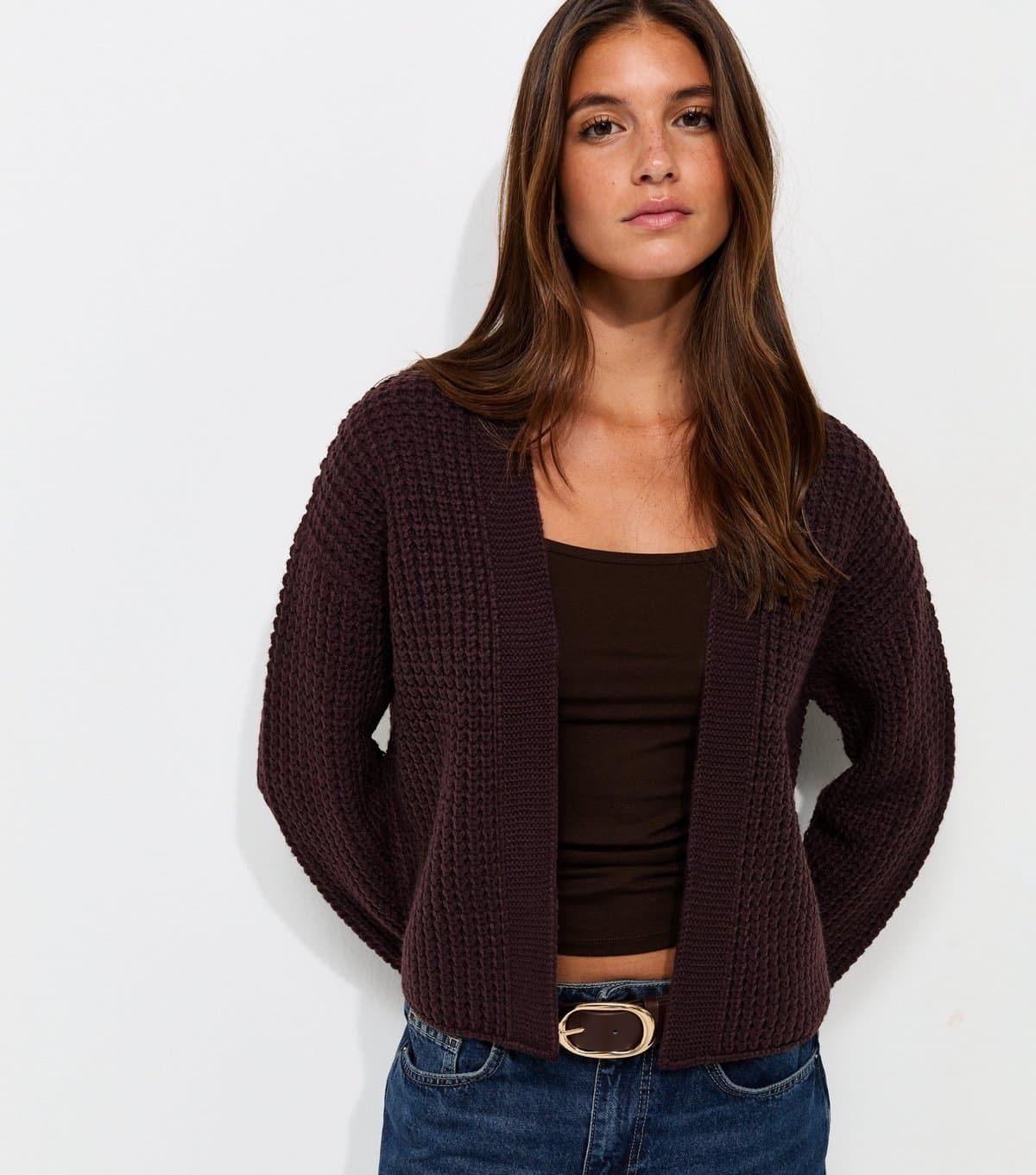 New Look Women's Dark Purple Moss Stitch Open Front Cardigan New Look
