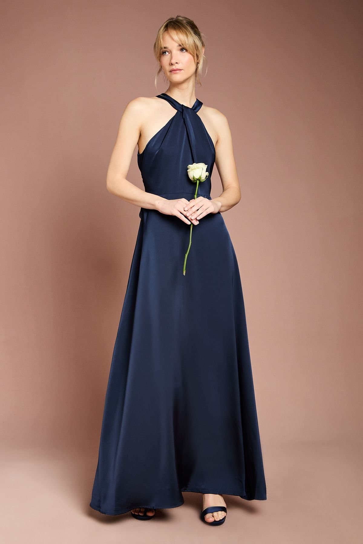 Coast Coast Women's Honoured Twist Halterneck Satin Maxi Bridesmaid Dress in Navy