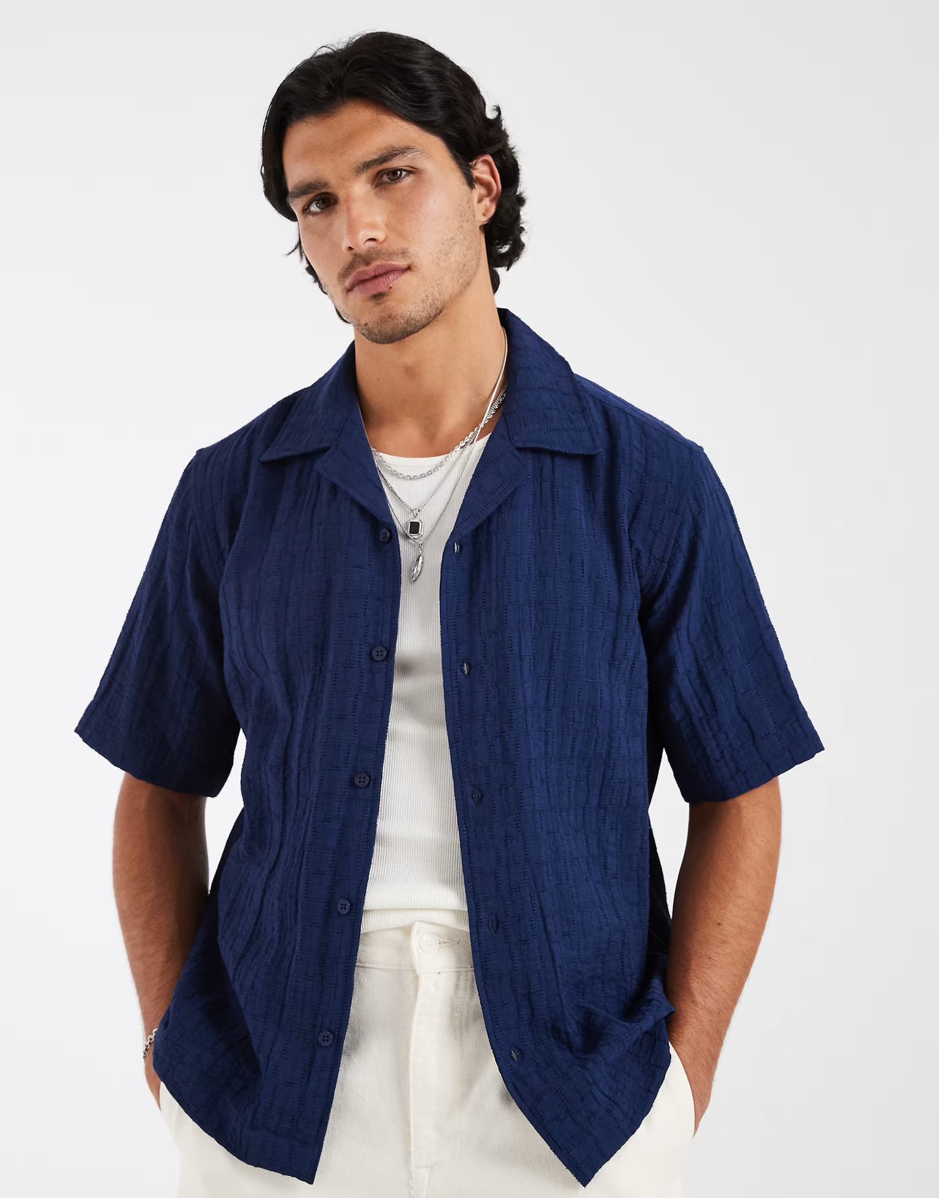 ASOS ASOS Navy Textured Resort Collar Shirt
