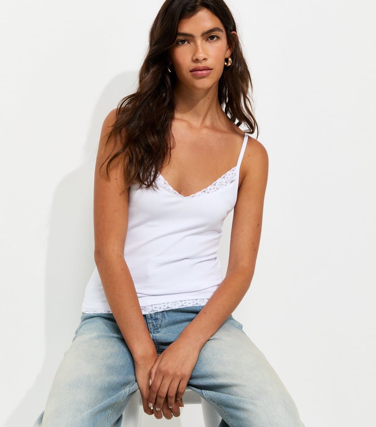 New Look New Look White Cotton Rich Lace Trim Cami Top