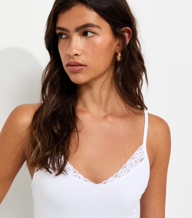 New Look Women's White Cotton Rich Lace Trim Cami Top New Look - 3