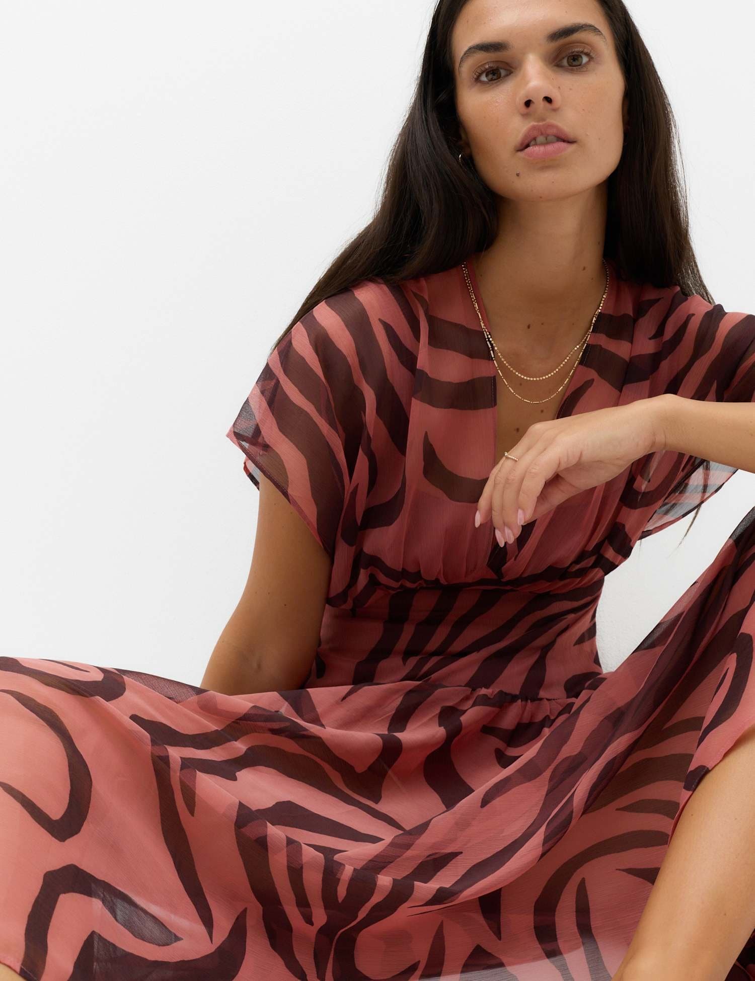 Marks & Spencer M&S Sheer Animal Print V Neck Midi Beach Dress Terracotta Mix