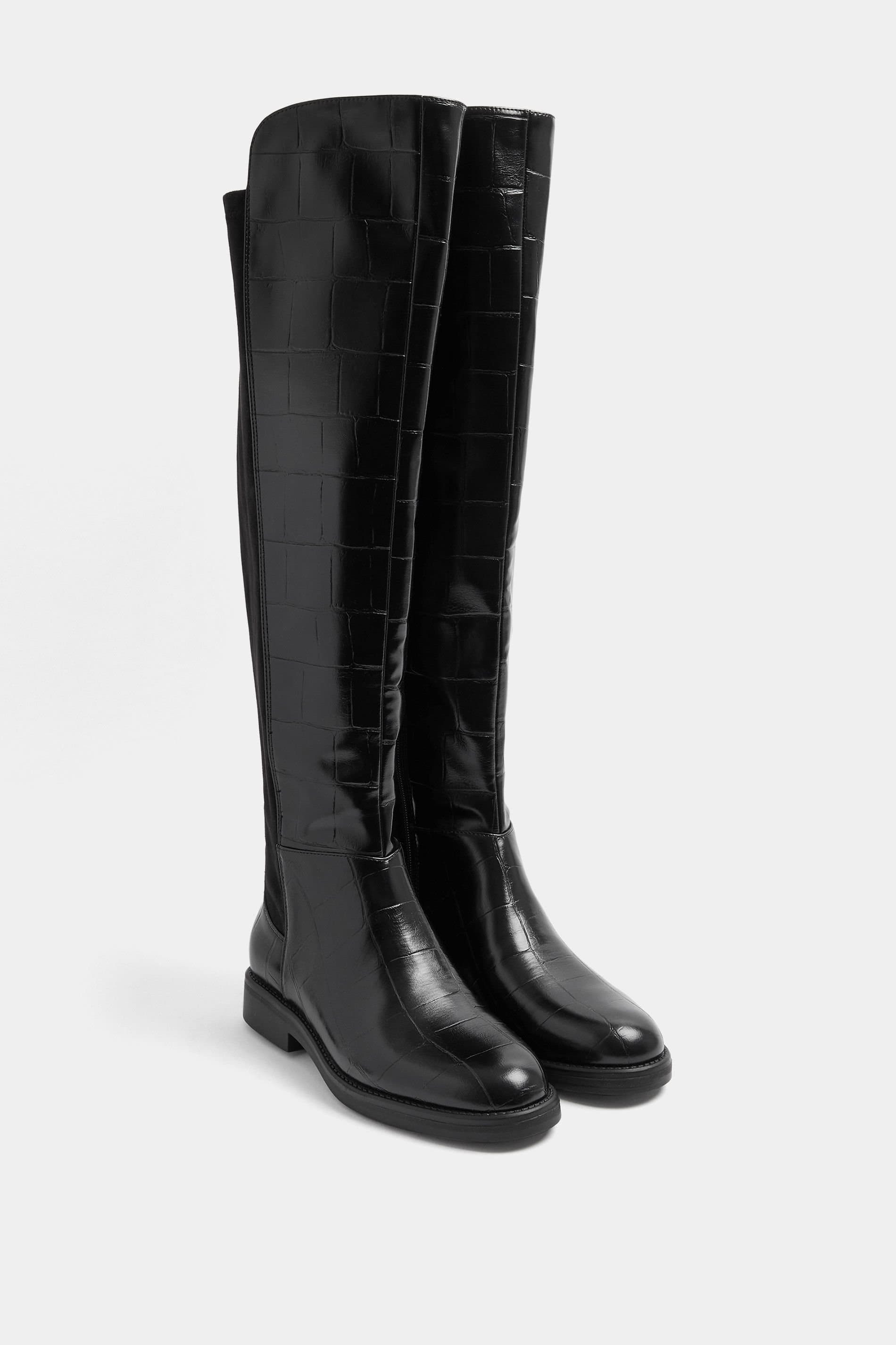 Yours Yours Women's Knee High Faux Leather Croc Boots In Extra Wide EEE Fit in Black