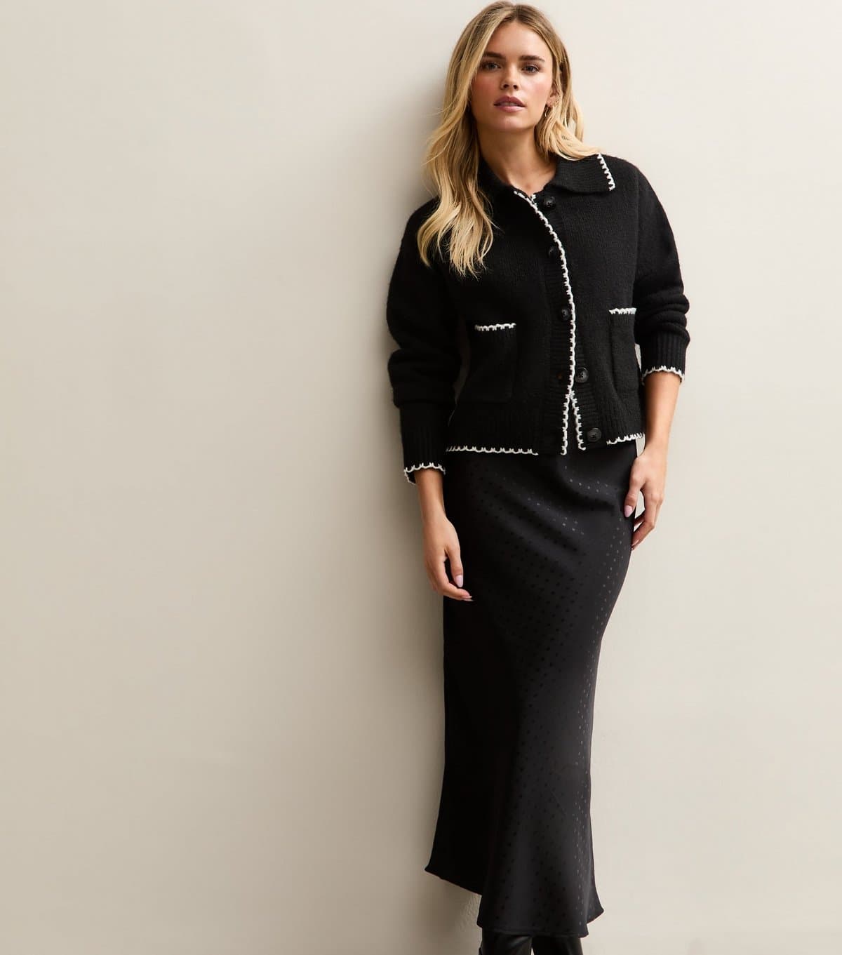 New Look Women's Petite Black Polka Dot Satin Bias Cut Midi Skirt New Look