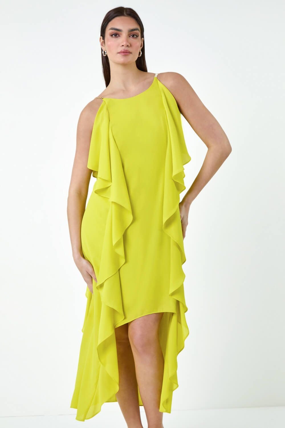 Ariella Ariella Women's Dipped Hem Ruffle Detail Midi Dress in Lime - 4