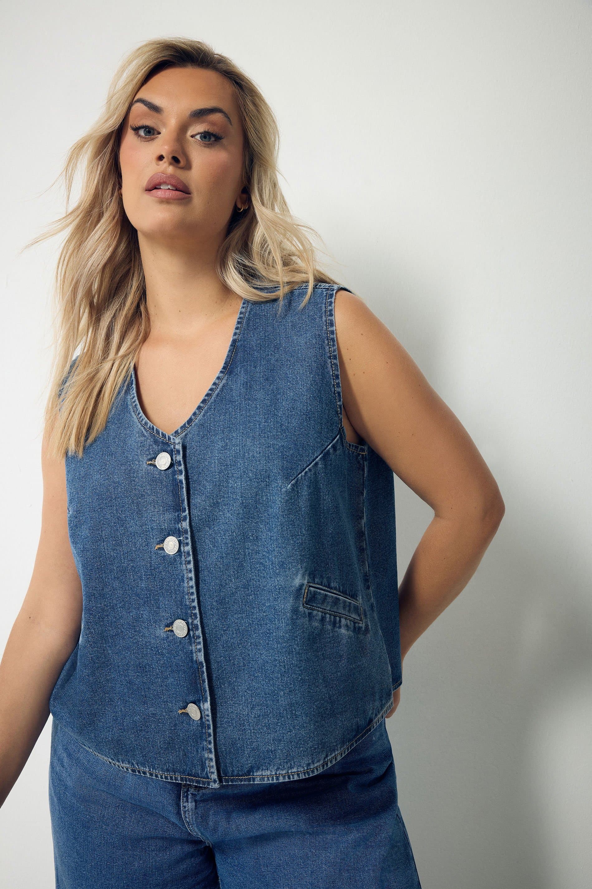 Yours Plus Size Blue Denim Button Waistcoat
