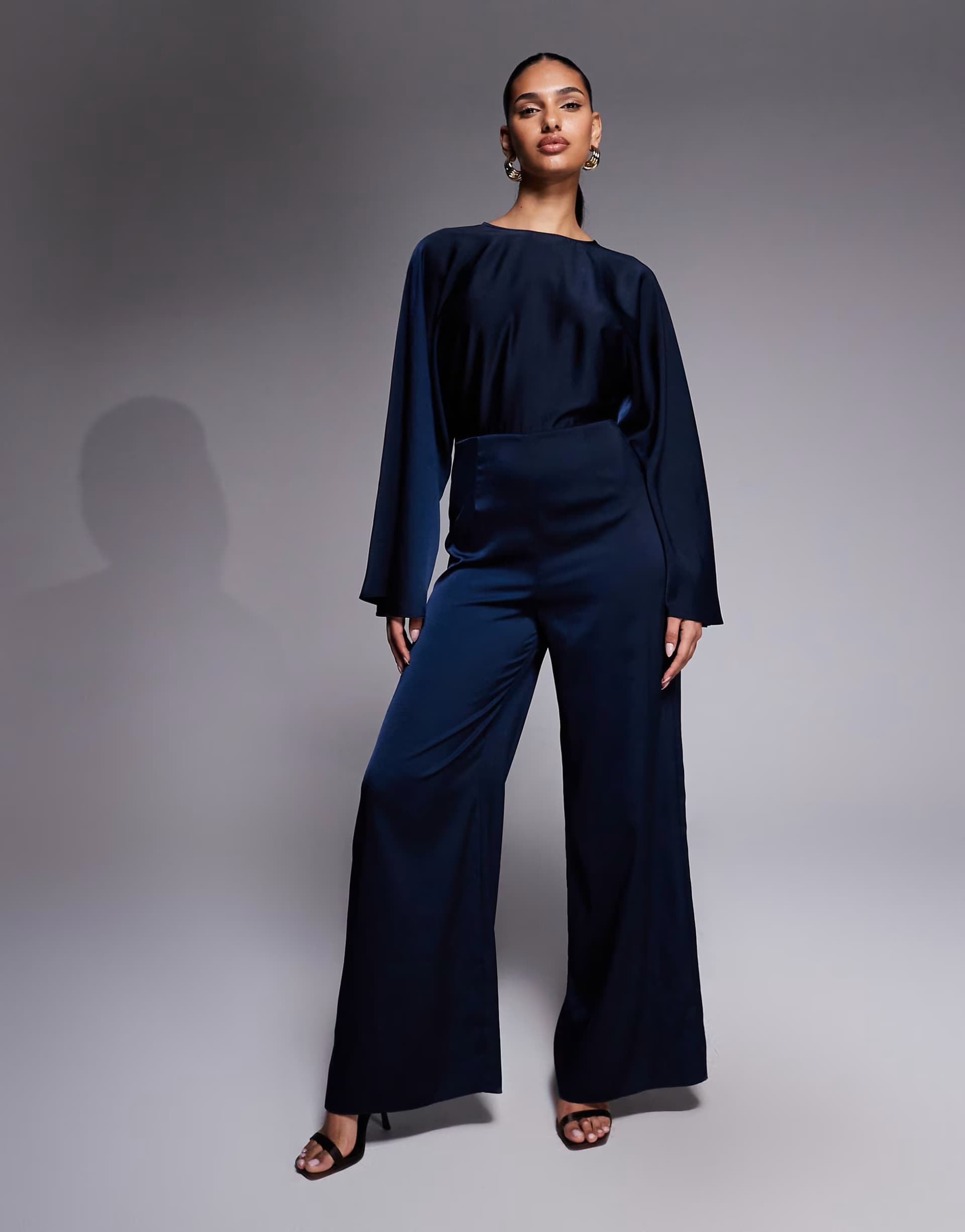 ASOS ASOS DESIGN satin batwing bias waisted jumpsuit in navy