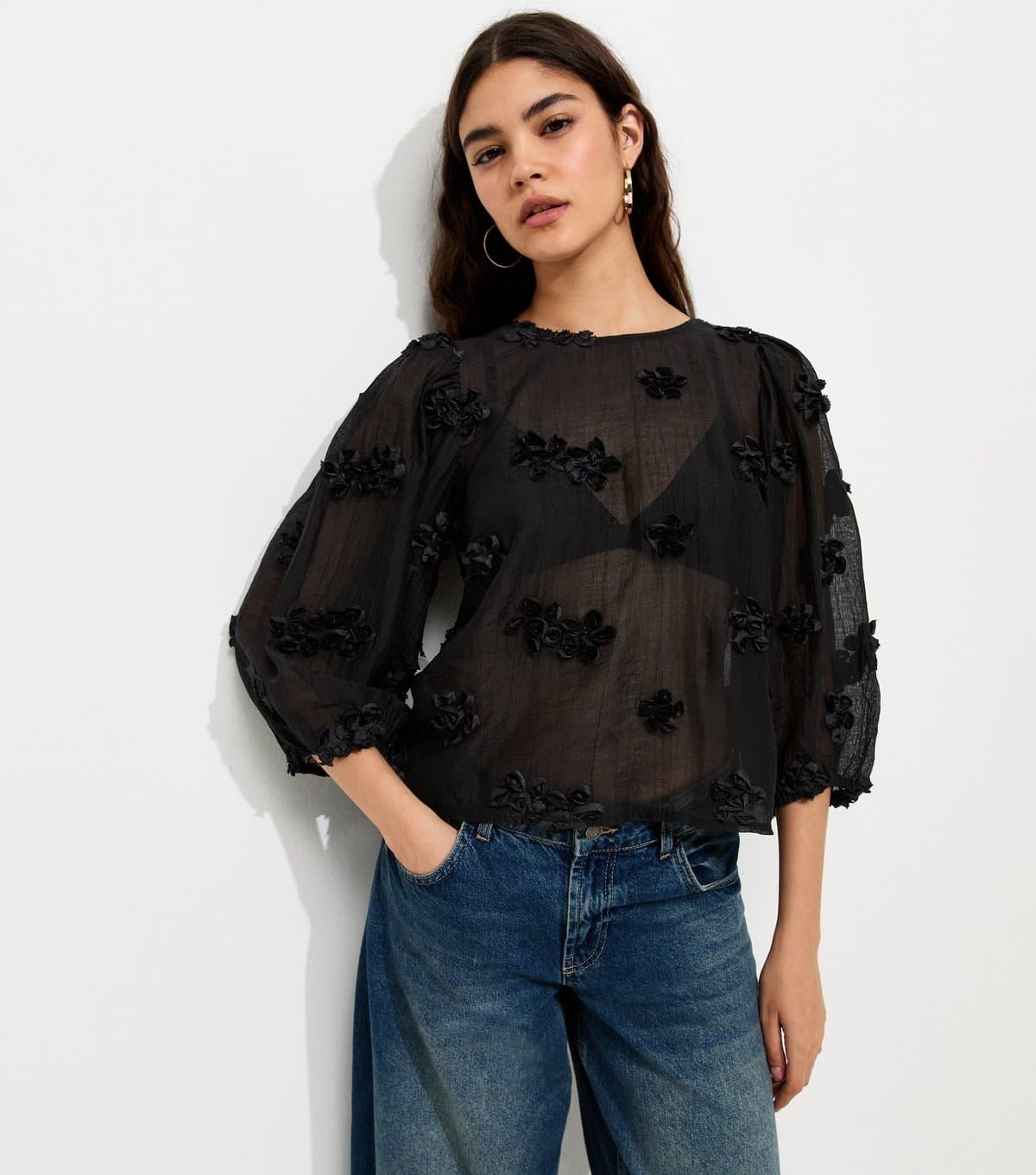 New Look Women's Black Floral Appliqué Cropped Sleeve Smock Top New Look