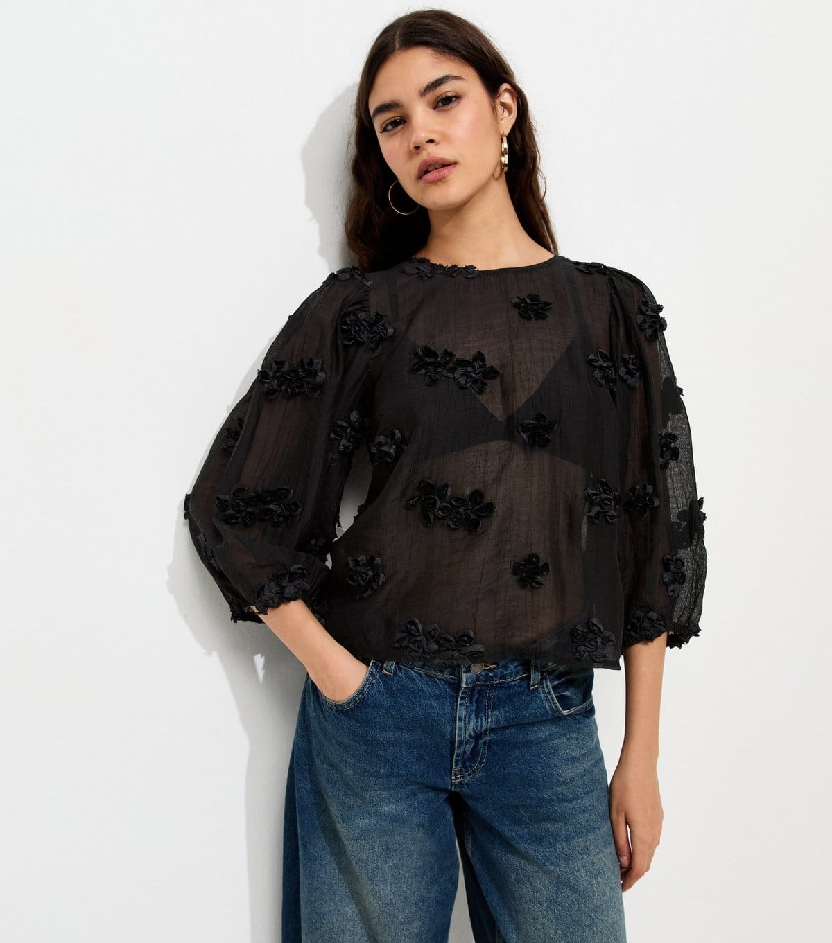 Women's Black Floral Appliqué Cropped Sleeve Smock Top New Look