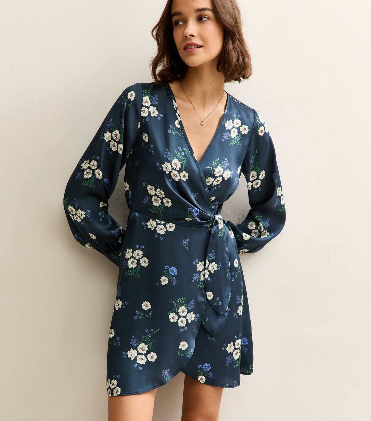 New Look Women's Blue Satin Floral Wrap Mini Dress New Look