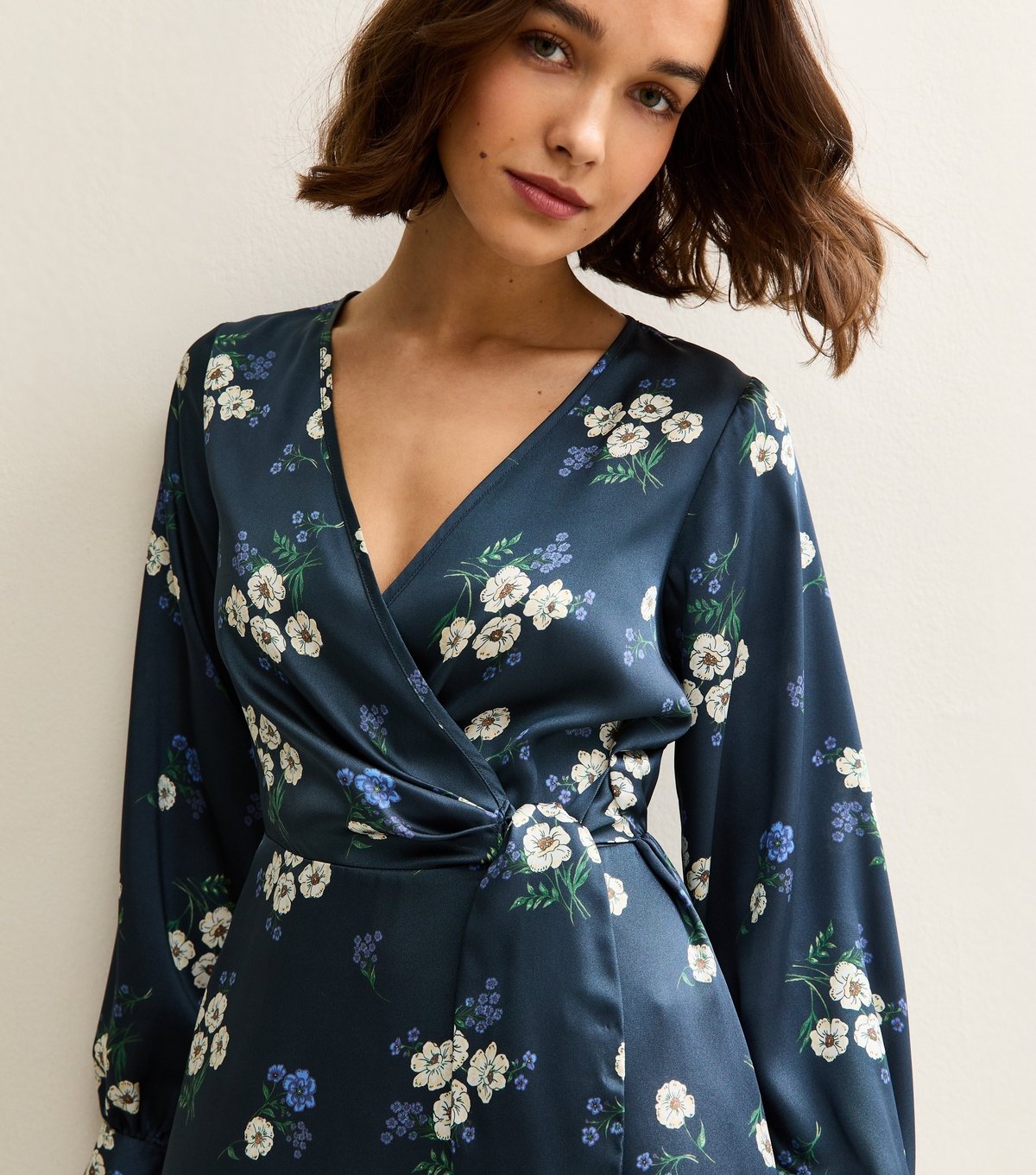 New Look Women's Blue Satin Floral Wrap Mini Dress New Look - 2