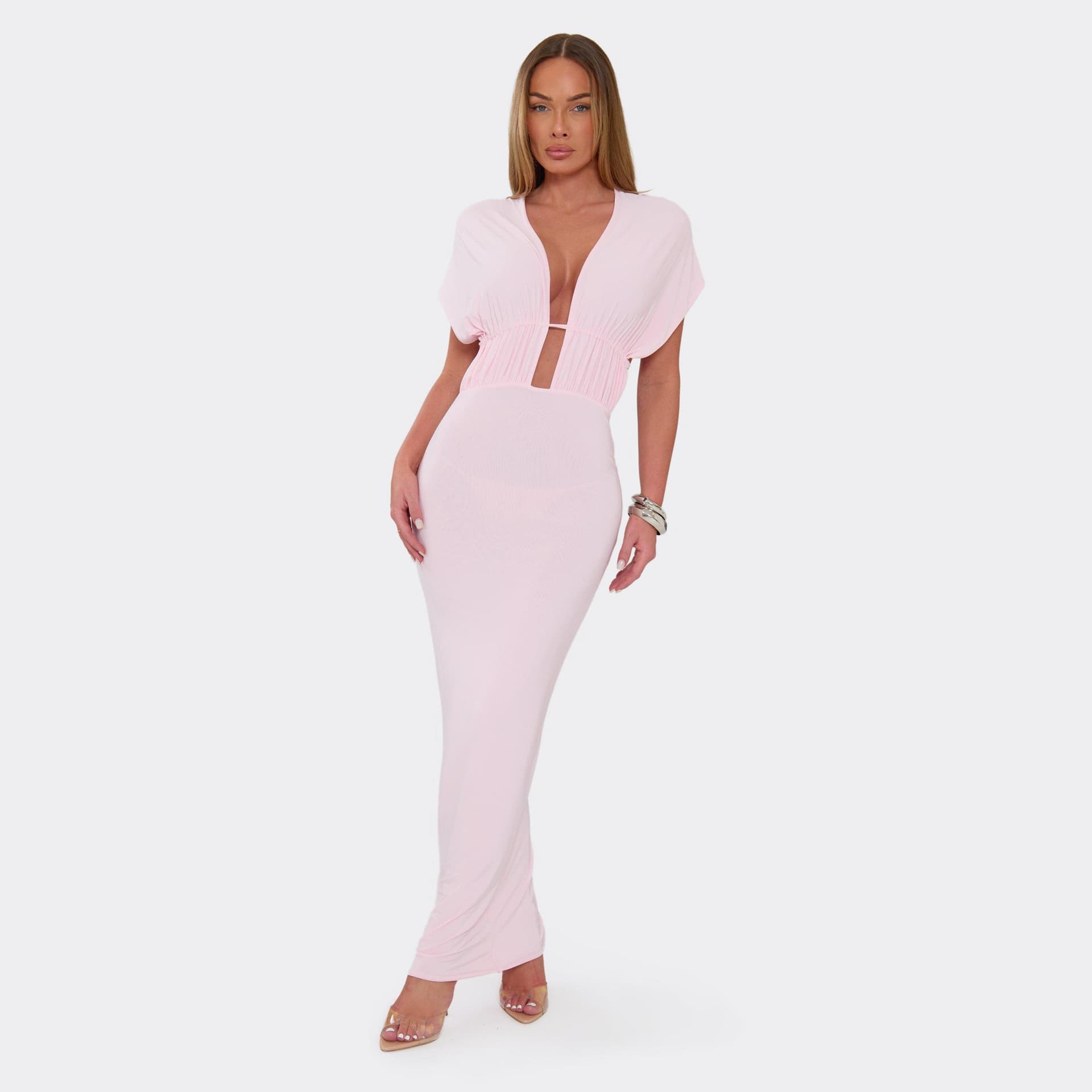 EGO Plunge Neck Tie Back Maxi Dress In Pink, Women's Size UK 6