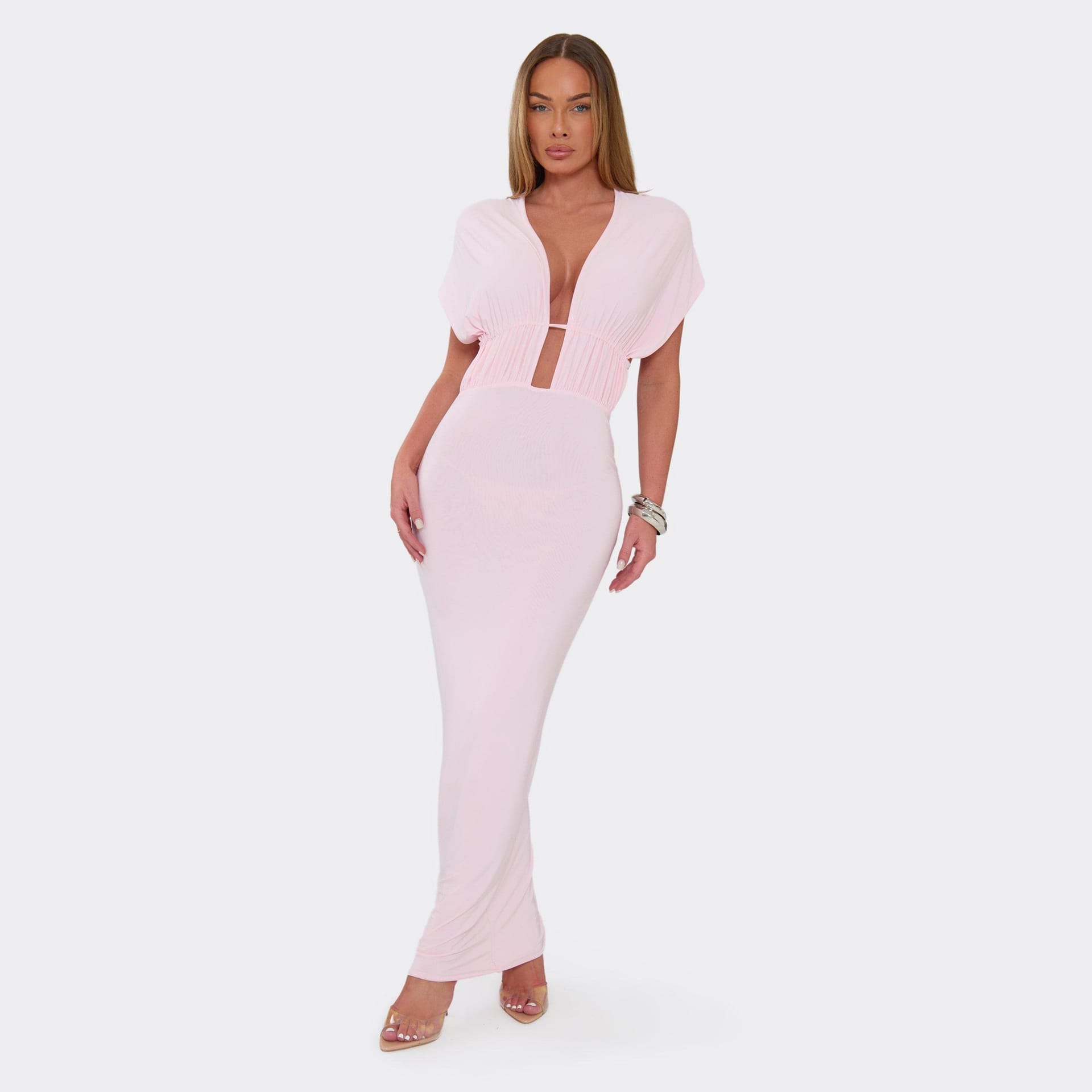 EGO Pink Woven Plunge Neck Tie Back Maxi Dress