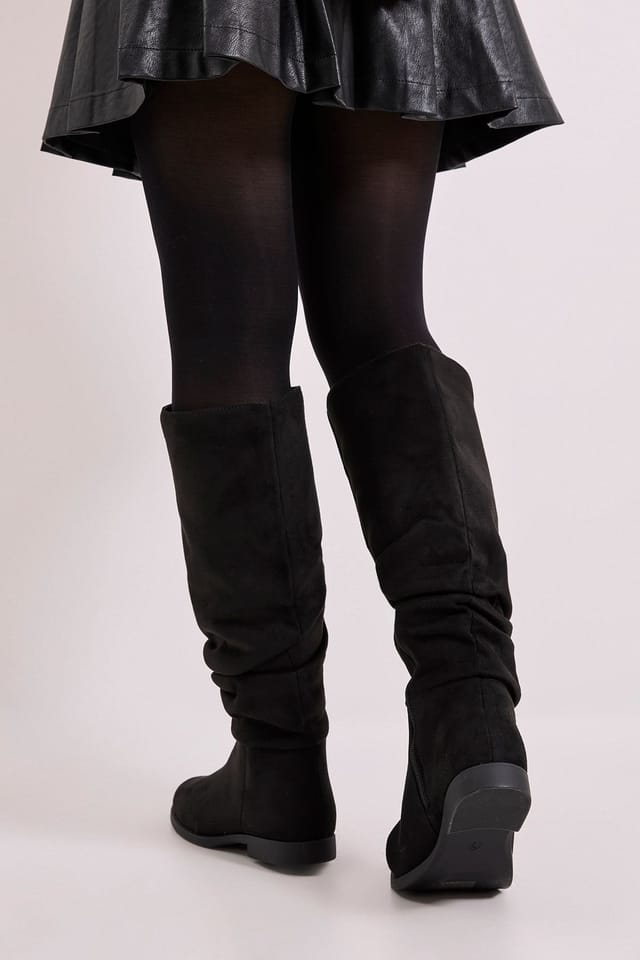 Dorothy Perkins Dorothy Perkins Women's Wide Fit Karina Faux Suede Flat Knee High Ruched Boots in Natural Black - 3