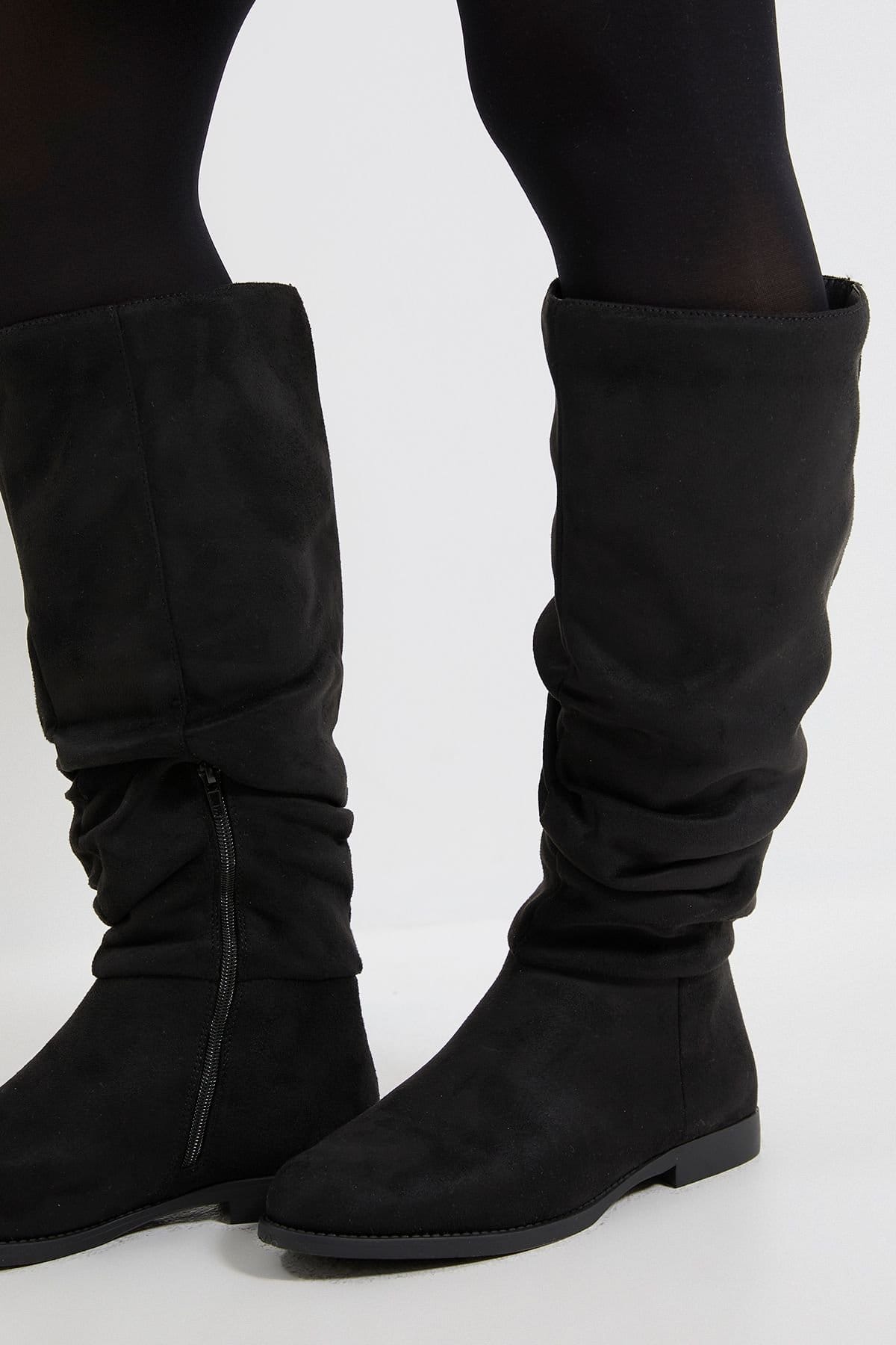 Dorothy Perkins Dorothy Perkins Women's Wide Fit Karina Faux Suede Flat Knee High Ruched Boots in Natural Black - 4