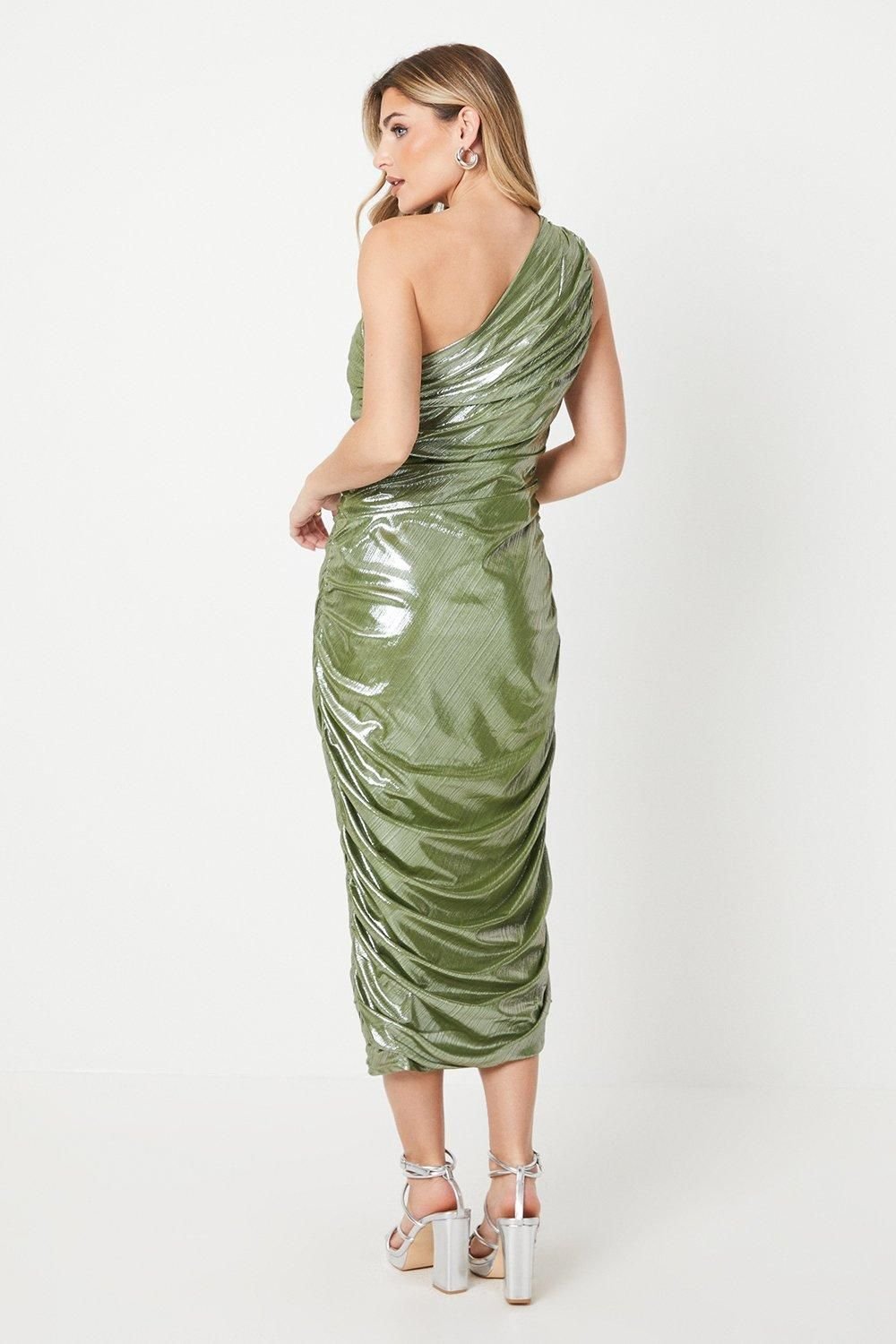 Debut London Debut London Women's by Coast Metallic Jersey One Shoulder Dress in Olive - 3