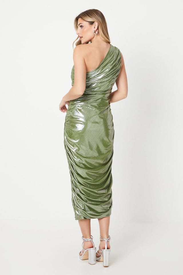 Debut London Debut London Women's by Coast Metallic Jersey One Shoulder Dress in Olive - 3
