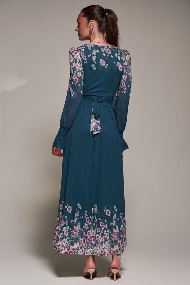 Jolie Moi Jolie Moi Women's Mirrored Print Long Sleeve Mesh Maxi Dress in Teal - 2