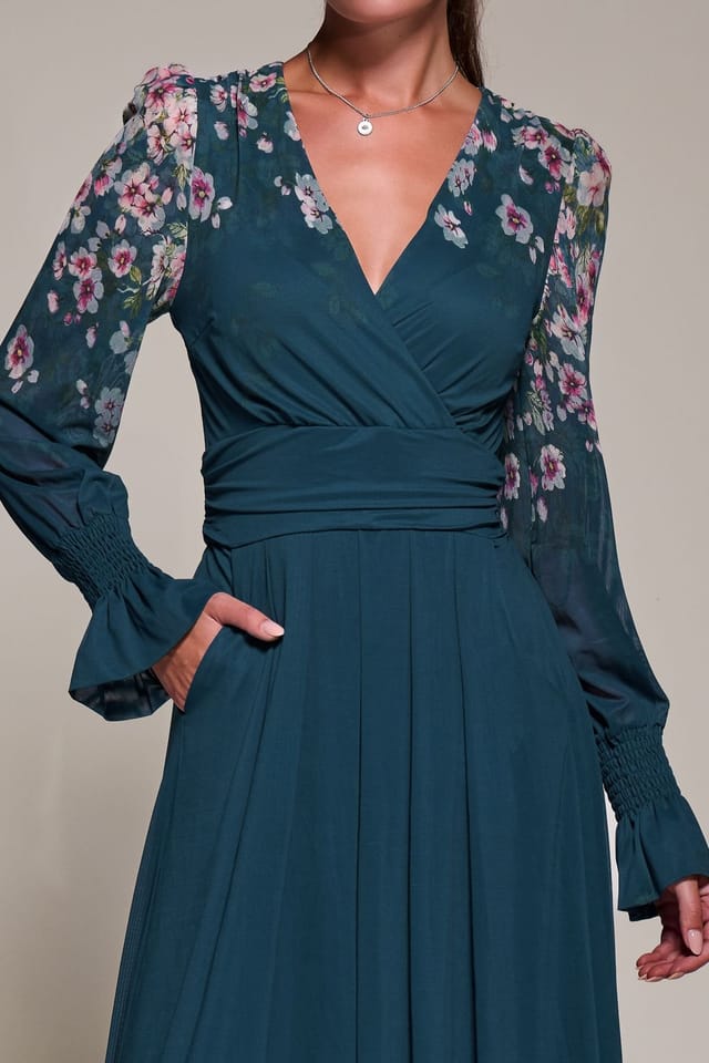 Jolie Moi Jolie Moi Women's Mirrored Print Long Sleeve Mesh Maxi Dress in Teal - 3