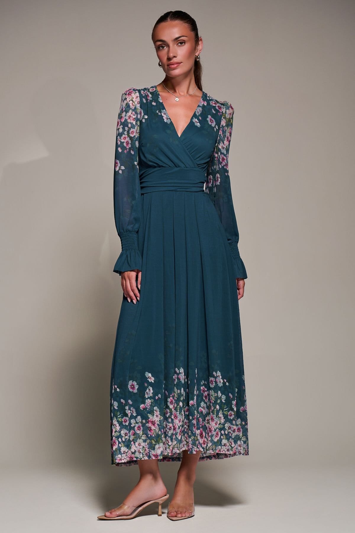 Jolie Moi Jolie Moi Women's Mirrored Print Long Sleeve Mesh Maxi Dress in Teal - 4