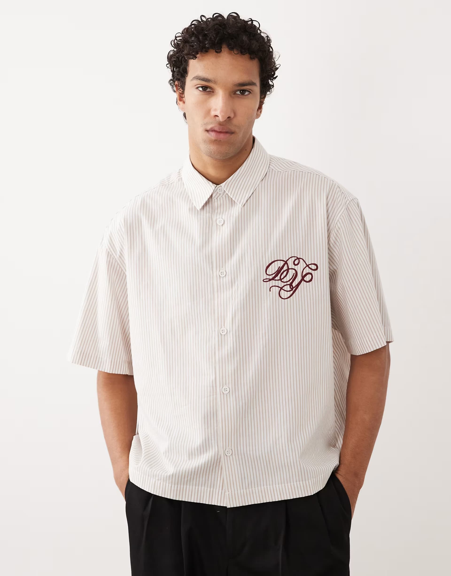 ASOS ASOS DESIGN boxy oversized stripe shirt with chest embroidery in off white