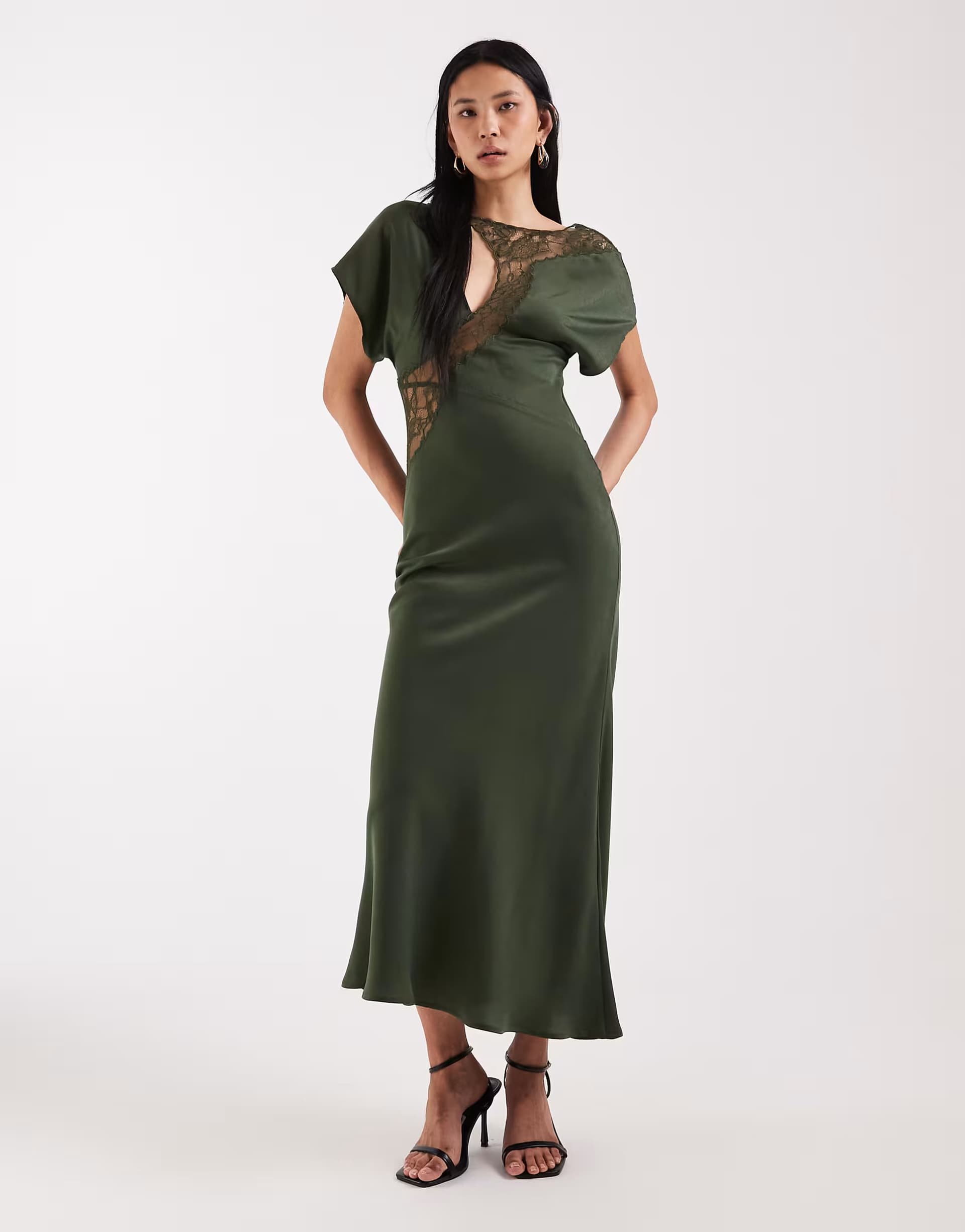 ASOS ASOS DESIGN Tall Lace Applique Grown On Sleeve Bias Cut Satin Dress in dark green
