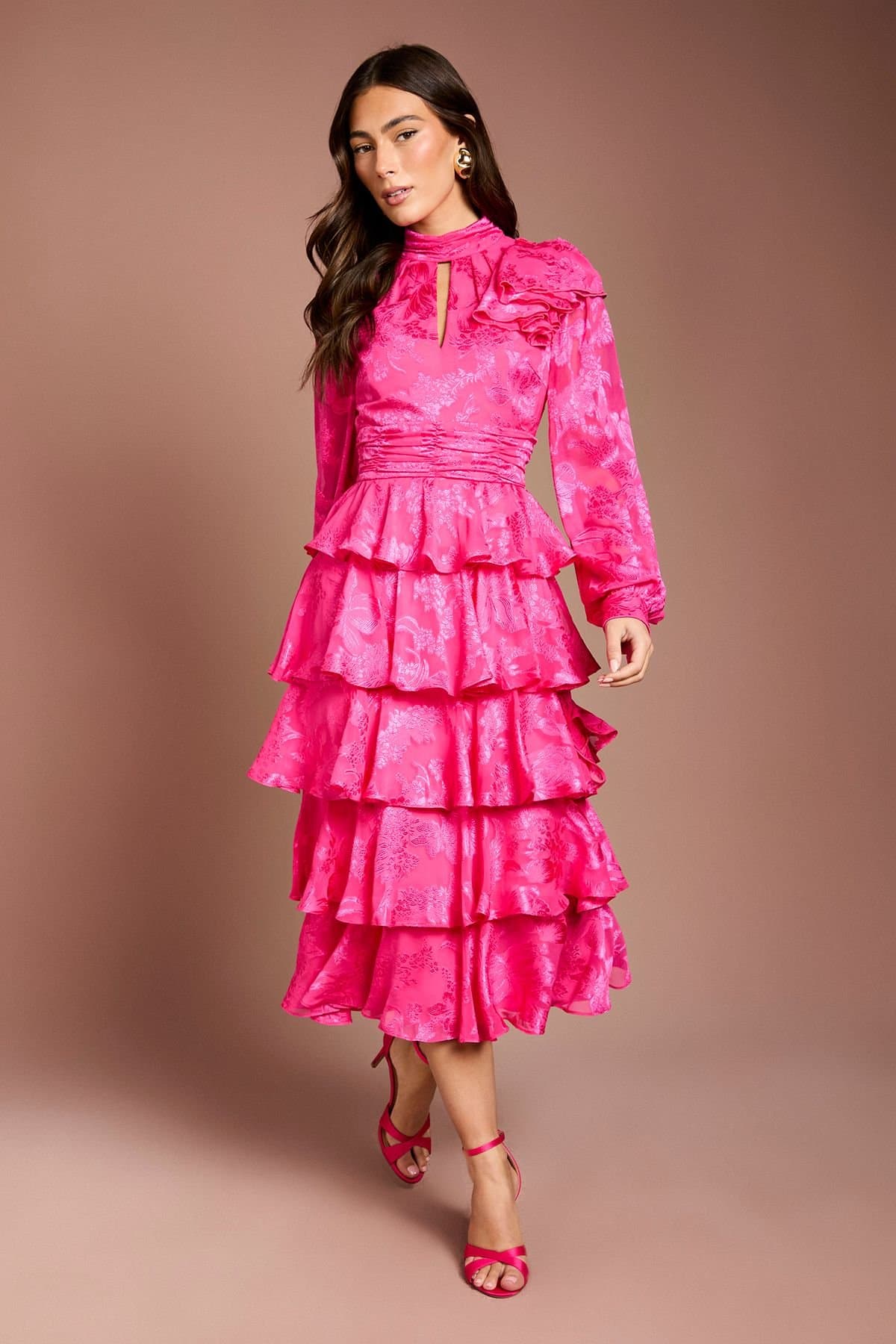 Coast Coast Women's Jacquard Tiered Midi Dress in Hot Pink