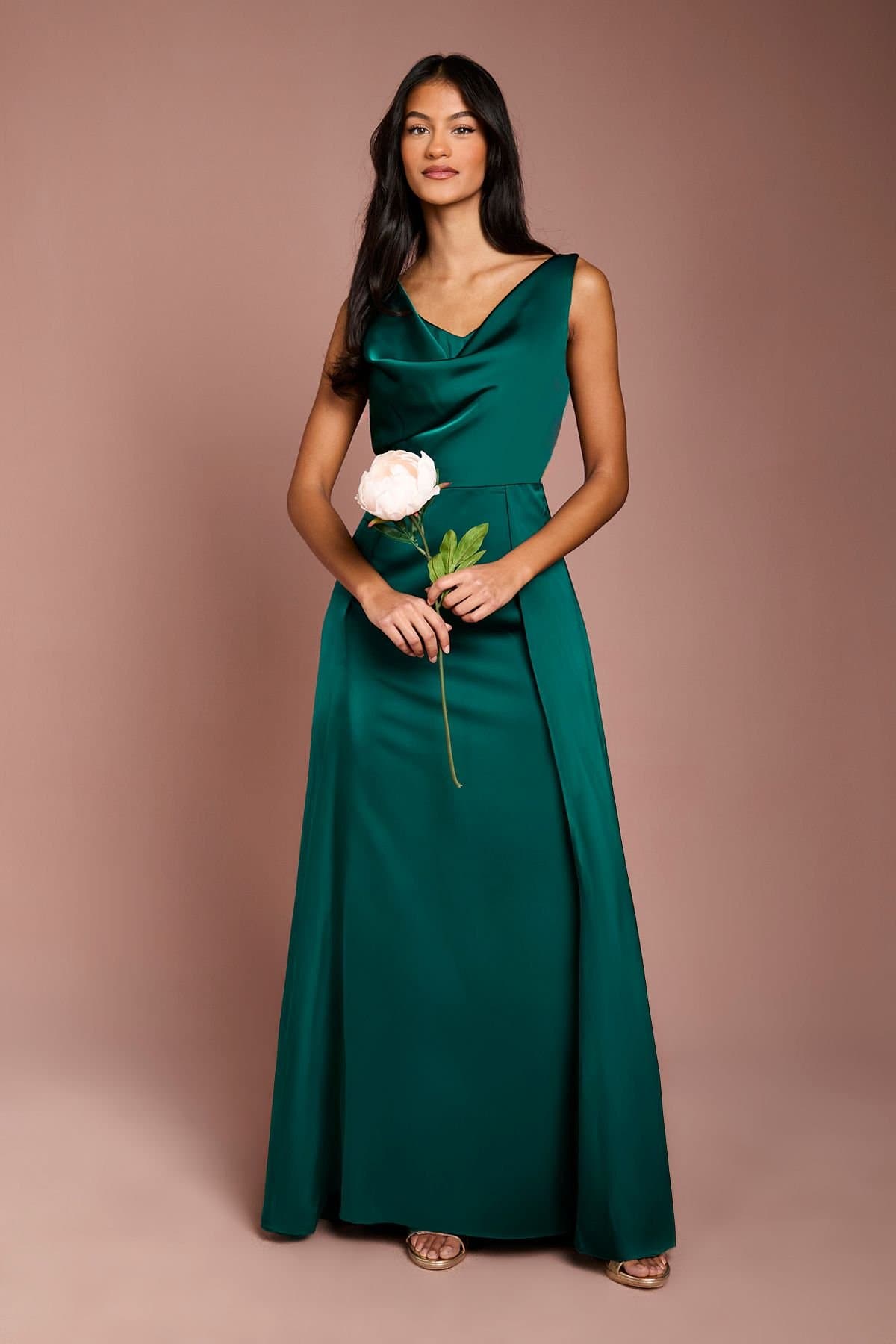 Coast Coast Women's Honoured Petite Sleeveless Cowl Neck Satin Maxi Bridesmaid Dress in Emerald