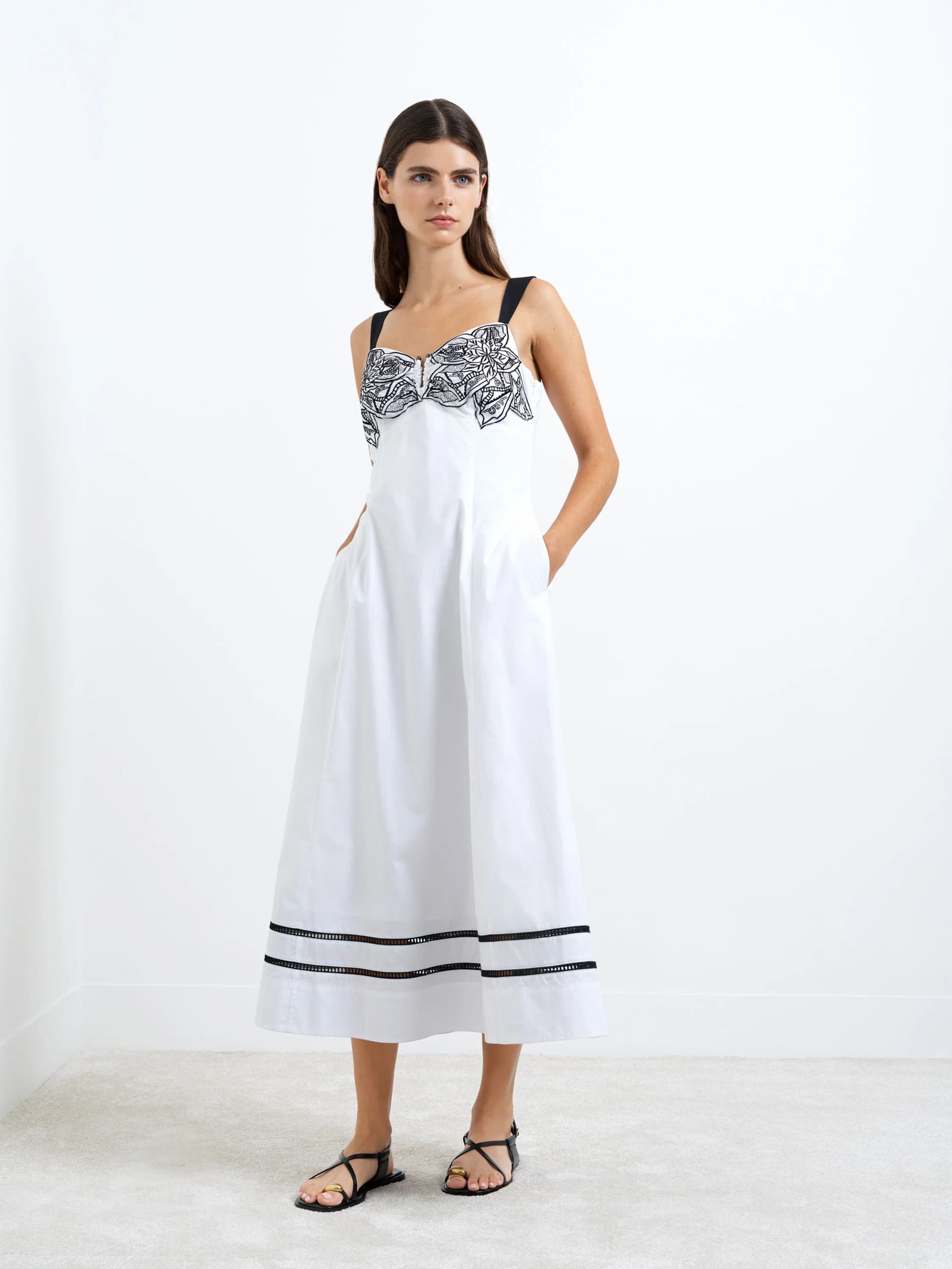 French Connection Cambria Cotton Embroidered Bust Midi Dress Linen White/Black